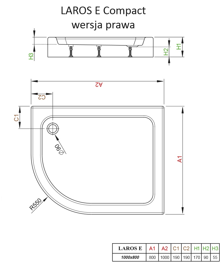 Brodzik asymetryczny Laros E Radaway prawy schemat